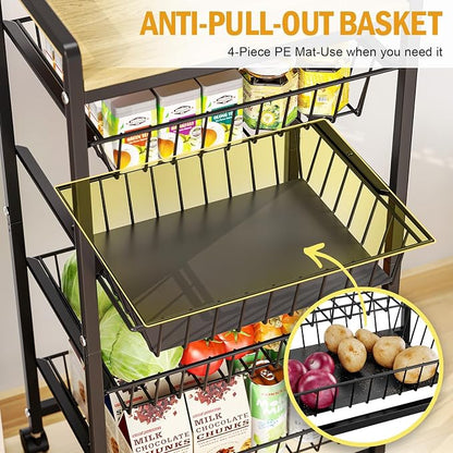 TOOLF 5-Tier Kitchen Cart with Tabletop, Rolling Snack Cart with Lockable Wheels, Fruit Vegetable Storage Basket with 4 Pack Mats, Metal Storage Rack with Pull-Out Pantry Cart for Organizer