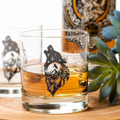 Black Lantern Wolf and Forest Whiskey Glass Set Set of 2 11oz Heavy Base Glasses | Nature-Themed Gift for Outdoor & Wildlife Lovers