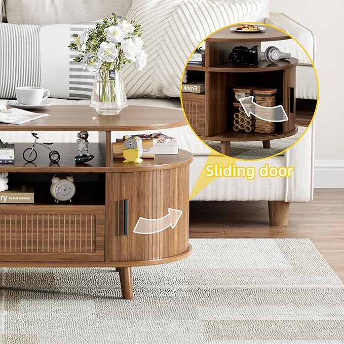 39" Fluted Coffee Table, Coffee Tables with Storage, Oval Coffee Table for Living Room, Center Table with Tambour Doors, Walnut Coffee Tables for Apartment, Office