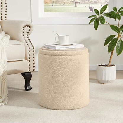 Royal Windsor Boucle Round Ottoman with Storage Set of 2,Small Foot Stool Ottoman for Living Room, Small Coffee Table,Vanity Stool with Storage for Bedroom, Beige