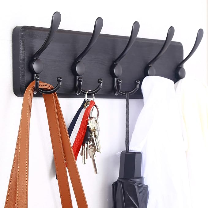 WEBI Coat Rack Wall Mount,Coat Hooks Wall Mounted Rustic,16" Hole to Hole,Large Coat Hanger Wall,Wood Hook Rack,5 Triple Hooks for Hanging Coats,Jacket,Clothes,Farmhouse,Black
