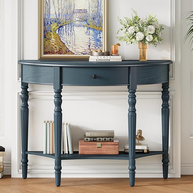 Amposei Small Curved Console Table 39-Inch Retro Farmhouse Wood Entry Sofa Table with Drawer & Storage Shelf for Living Room Hallway Entryway Furniture, Navy Blue