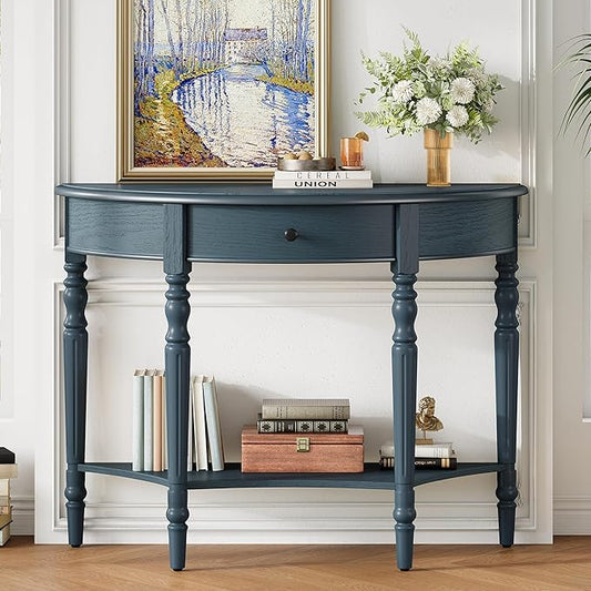 Amposei Small Curved Console Table 39-Inch Retro Farmhouse Wood Entry Sofa Table with Drawer & Storage Shelf for Living Room Hallway Entryway Furniture, Navy Blue