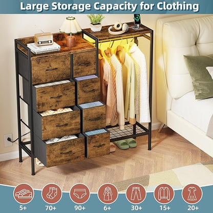 Dresser with Hanging Rack, 8-Drawer Dresser for Bedroom with Charging Station & LED Lights, Kids Dressers with Shoe Rack, Rustic Brown, 11.8" D x 42" W x 42.7" H (8 Drawers)
