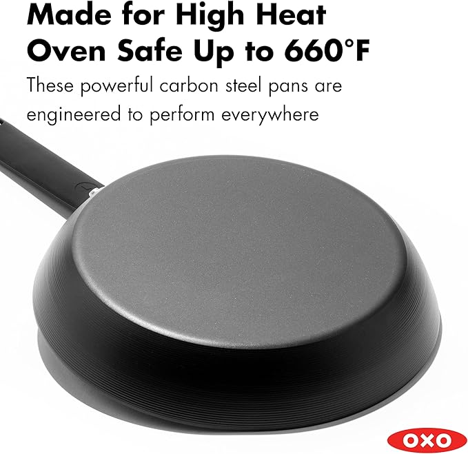 OXO Obsidian Pre-Seasoned Carbon Steel, 12" Frying Pan Skillet with Removable Silicone Handle Holder, Induction, Oven Safe, Black