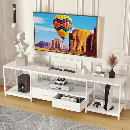 GYIIYUO TV Stand with Fabric Drawer for 65 70 75 Inches TV - Entertainment Center and Industrial TV Console Table with Open Storage Shelves for Living Room, Bedroom - 63" White