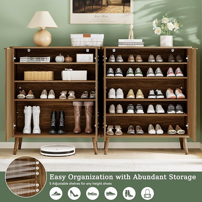 Fluted Shoe Cabinet with Doors,5-Tier Freestanding Shoe Storage Cabinet with Adjustable Shelves, Wooden Shoe Rack Organizer Cabinet for Entryway,Hallway,Natural Oak