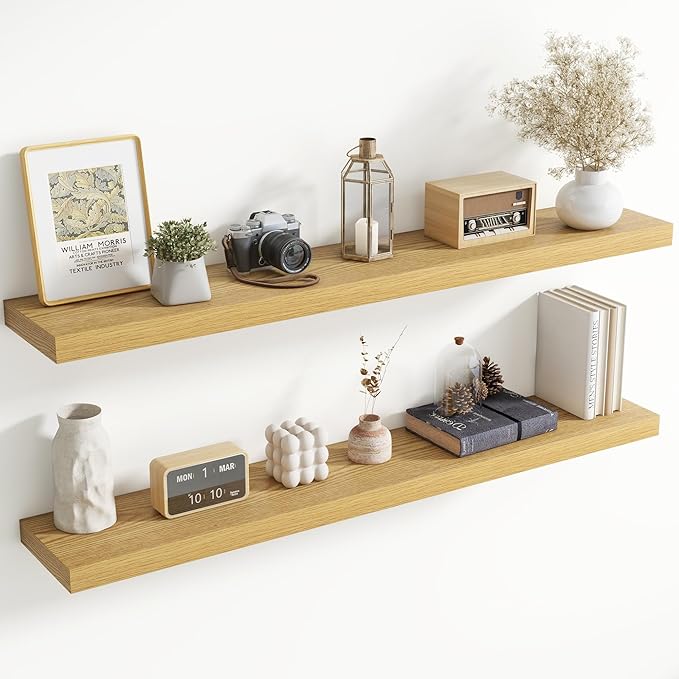 55 Inch Floating Shelves for Wall, 8 Inch Deep Floating Shelf for Storage & Display, Rustic Wall Mounted Shelf with Invisible Brackets for Living Room, Kitchen, Bathroom, Home Decor, Set of 2, Oak