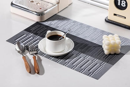 LEXMORE Placemats Set of 8 Vinyl/Plastic Woven Place Mats for Kitchen Table Indoor/Outdoor Washable Placemat Wipeable Dining Table Mats(Silver Gray Black)