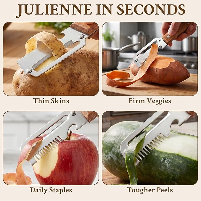 2026 Upgrade Vegetable Peeler and Julienne Peeler Set, Stainless Steel Vegetable Peelers for Kitchen with Wood Handles and Bottle Opener, 2-Pcs Multifunctional Vegetable Peeler Set