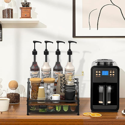 Alyoen Coffee Syrup Organizer Rack, 3-Tier Coffee Station Organizer for Countertop, Coffee Bar Organizer with 35K Cup Storage Basket, Coffee Syrup Holder Stand for Coffee Bar Accessory, Syrup - Wine