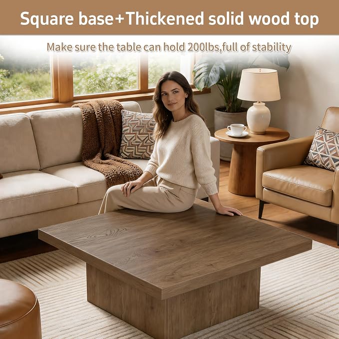 Square Coffee Table,Wooden Living Room Table,Center Table with a Large Tabletop,35.4" x 35.4",for Small Spaces, Apartments, Living Rooms, Vintage Brown