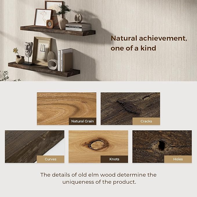 Dreamland 72 inch Floating Shelves for Wall Solid Elm Wood Live Edge Wall Mounted Shelves|Rustic Long Floating Shelves with Invisible Bracket for Bathroom Living Room Kitchen|Walnut, 1 Pack