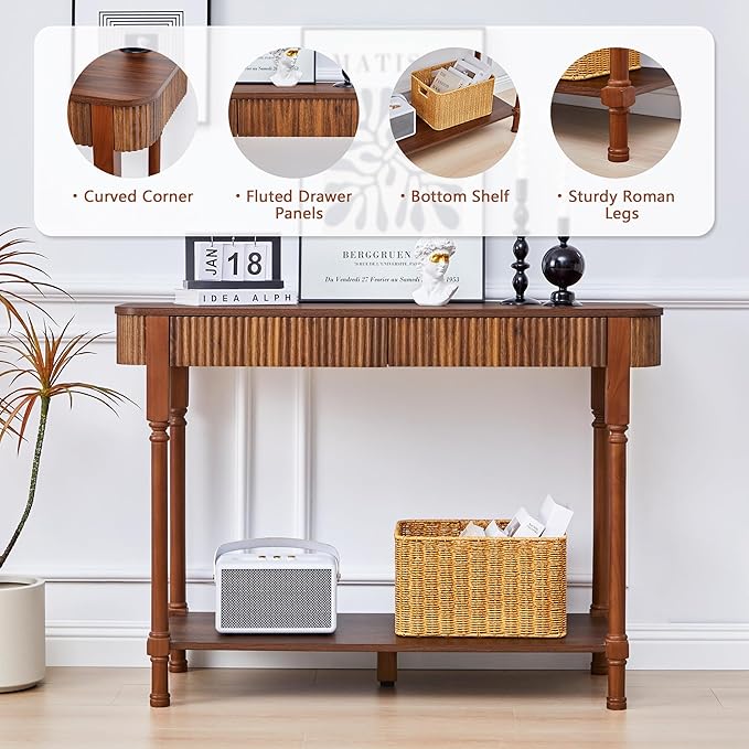 Fluted Console Table for Entryway, 43.3'' Narrow Entryway Tables with 2 Wooden Drawers, Retro Sofa Table Behind Couch Accent Tables for Foyer, Living Room, Hallway (Walnut)