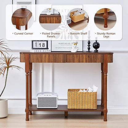 Fluted Console Table for Entryway, 43.3'' Narrow Entryway Tables with 2 Wooden Drawers, Retro Sofa Table Behind Couch Accent Tables for Foyer, Living Room, Hallway (Walnut)
