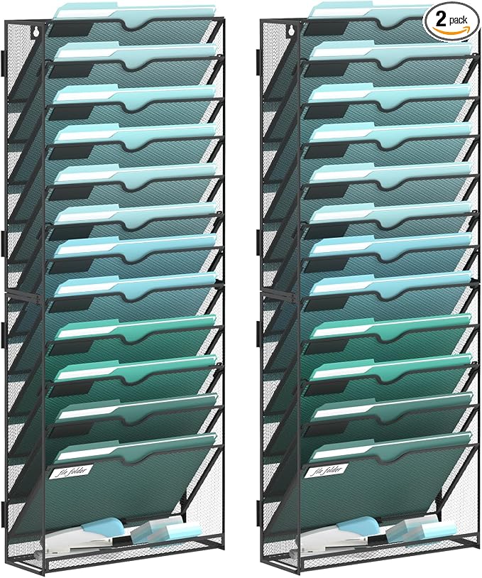 SUPEASY 13-Tier Wall File Organizer, Hanging Wall Files for Papers, Folders, Magazines, Wall Organizer for Clipboard, Assembly Needed, Black, 2 Pack