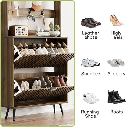 Tall Shoe Cabinet with Coat Rack,Fluted Shoe Cabinet Storage for Entryway, Walnut Hidden Shoe Cabinet with Metal Legs,Shoe Organizer Cabinet, Slim Entryway Shoe Storage Cabinet （31.5in）