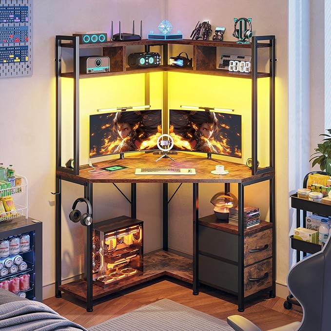 Corner Desk,35.4" W x 63" H Office Desk and Computer Desk with Hutch & LED Lights，Gaming Desk with Storage Drawers & Shelves and Hook for Small Space,Rustic Brown