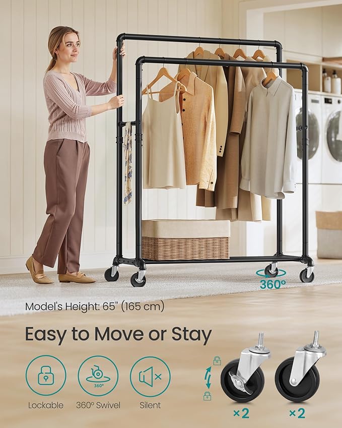 SONGMICS Heavy-Duty Clothes Rack, Double-Rod Clothing Rack for Hanging Clothes, Industrial Garment Rack on Wheels, Metal Frame, 2 Casters with Brakes, Commercial Display, Black UHSR60B