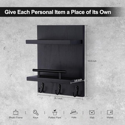 Key Holder Wall Mount, Mail Shelf Decor with 3 Key Hooks, Versatile Wood Wall Organizer for Entryway Hallway (8.2” x 10.6”x 3.6”) (Black)