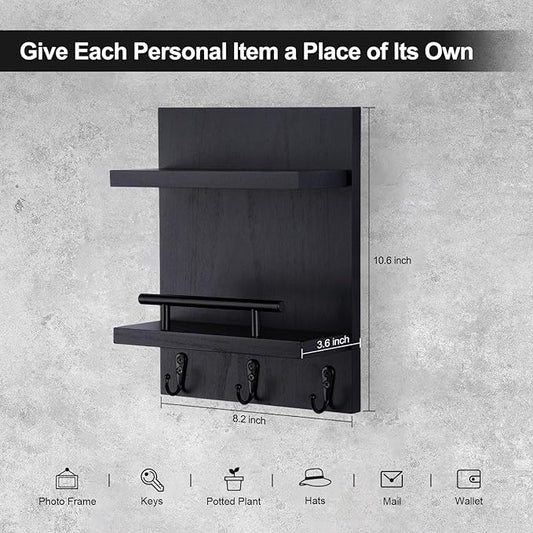 Key Holder Wall Mount, Mail Shelf Decor with 3 Key Hooks, Versatile Wood Wall Organizer for Entryway Hallway (8.2” x 10.6”x 3.6”) (Black)