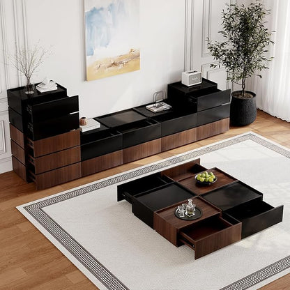 Coffee Table with Storage,Modern Center Table with 4 Hidden Drawers for Living Room,Rectangle Coffee Table for Home Furniture,Bedroom,Dark Walnut and Black