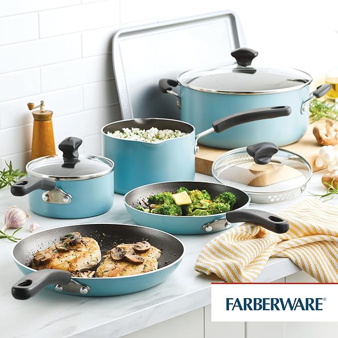Farberware Cookstart DiamondMax Nonstick Cookware/Pots and Pans Set, Dishwasher Safe, Includes Baking Pan and Cooking Tools, 15 Piece - Aqua
