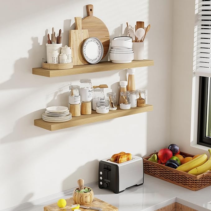 Acovy 36 Inch Floating Shelves, 8 Inch Deep Floating Shelves for Wall, Hanging Shelf with Invisible Brackets, Deep Shelves for Bathroom, Bedroom, Living Room, Oak, Set of 2