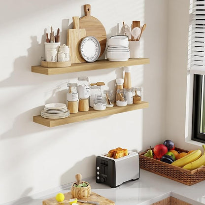 Acovy 36 Inch Floating Shelves, 8 Inch Deep Floating Shelves for Wall, Hanging Shelf with Invisible Brackets, Deep Shelves for Bathroom, Bedroom, Living Room, Oak, Set of 2