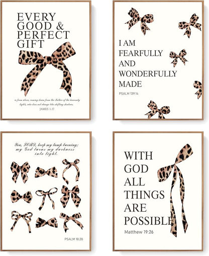 LARTSFRO Coquette Leopard Bow Wall Art Decor Posters, Y2K Cheetah Leopard Bow Room Bedroom Bathroom Dorm Wall Art Decor Aesthetic for College Teen Girls Gifts, Inspirational Bible Verses Bow Wall Decor, 12x16Inch Set of 4 Pcs Cheetah Bow Pictures (UNFR...