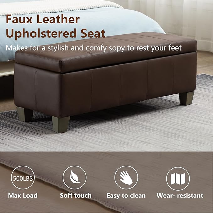 41" Storage Ottoman, Storage Bench with Safety Hinge, Upholstered Synthetic Leather Ottoman Bench for Bedroom, Living Room, Entryway, Hallway, Foot Rest, Support 500lbs, Brown