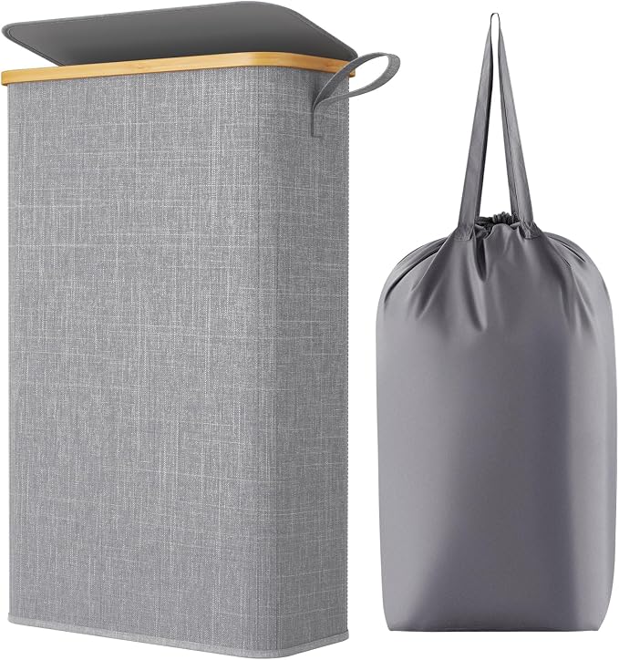 Lifewit 65L Slim Laundry Hamper with Lid, Narrow Laundry Basket with Removable Bag & Bamboo Handles, Fodable Thin Dirty Clothes Hamper for Laundry Collapsible Bin for Bathroom Bedroom Dorm, Gray