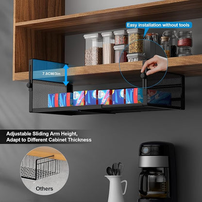 AmonHouseware 2Pack Under Shelf Basket, Adjustable Hanging Under Cabinet Shelf Storage, Hanging Holder Length Stretchable 14.9-22.6Inch for Kitchen Pantry Desk Counter Bookshelf Cupboard (Black)