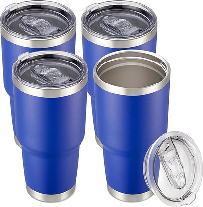 30 oz Tumbler with Lid Stainless Steel Tumblers Bulk Vacuum Insulated Cup Reusable Powder Coated Travel Mug Double Wall Leak Proof Cups Keep Cold Drinks for 12 Hours Blue, Set of 4