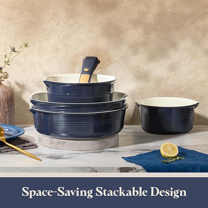 CAROTE 22Pcs Titanium Cookware Set, Pots and Pans Set Non Stick, Kitchen Cooking Set with Detachable Handle, Non Toxic Induction Cookware, Dishwasher/Oven Safe，Blue