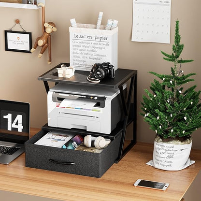 aboxoo Printer Stand for Desk with Storage Drawer, 2 Tier Desktop Or Under Desk Shelf, Multi-Purpose Desks Organizer for Home Office, fit Fax Machine/3D Printer/Scanner, Black