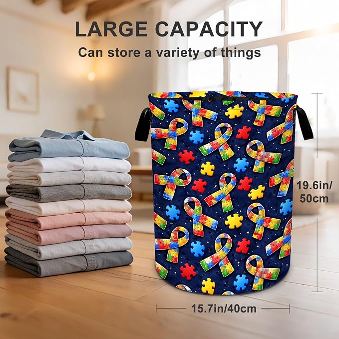 Autism Laundry Basket Waterproof Laundry Hamper Foldable Laundry Bag with Handles for Bedroom, Bathroom, Office, Clothes Storage