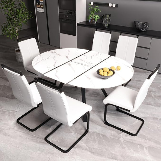Extendable Round Dining Table Set for 6, 7 piece Dining Table Set with 47-63" Extendable Table and 6 Upholstered Chairs, Modern Sturdy MDF Kitchen Table Set for Small Spaces, Dining Room and Office