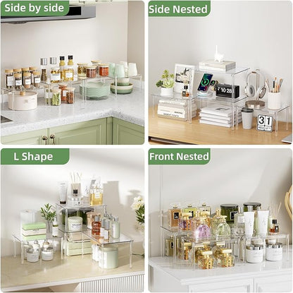 Delamu Cabinet Shelves, Clear Stackable Acrylic Storage Risers with Heavy Duty Support, Cabinet Organizer Shelf for Spices, Seasonings, Jars, Pantry, Kitchen Counter, Easy Assembly