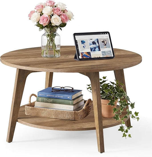 SONGMICS HOME Round Coffee Table, 2 Tier Living Room Center Table, Mid Century Modern Charm, Brown
