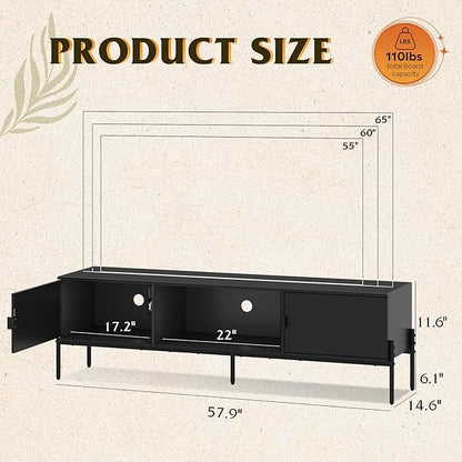 WLIVE 58" TV Stand for 65 Inch TVs, Mid Century Modern Entertainment Center with 2 Storage Cabinets & Open Shelf, Media Console Table with Metal Legs for Living Room, Bedroom, Black