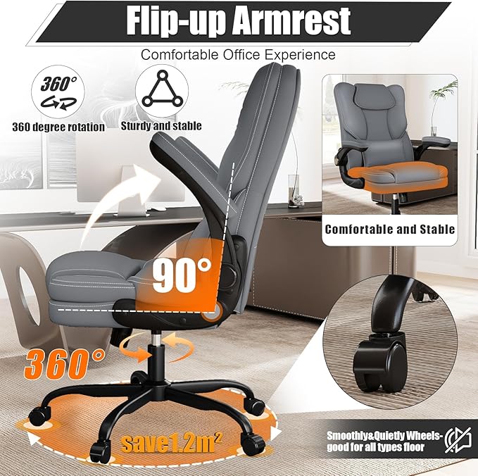 Ergonomic Office Chair with Flip-up Armrests 300lbs,Middle-Tall Computer Office Desk Chair with Lumbar Support,Executive PU Leather Chair with Rocking Function Adjustable Height for Home Office
