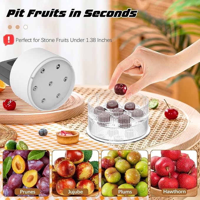 Cherry Pitter Tool,Pit 7 Cherries at Once,Multi-Function Pitting Tool, Portable Cherries Corer Stoner Seed Tool with Ergonomic Push Design,Easy to Use for Making Cherry Jam (White)