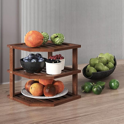 VERTORGAN 3 Tier Bamboo Corner Shelf(2 pack),Dish Drying Rack,Plate Organizer,Kitchen Spice Rack for Countertop and Cabinet,Pantry Organization and Storage(Brown)