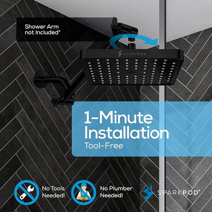 SparkPod Rain Shower Head, 8 Inch Square | High Pressure Shower Heads, 90 Nozzle (Touch-to-Clean), Adjustable Showerhead, No-tool Universal Connection