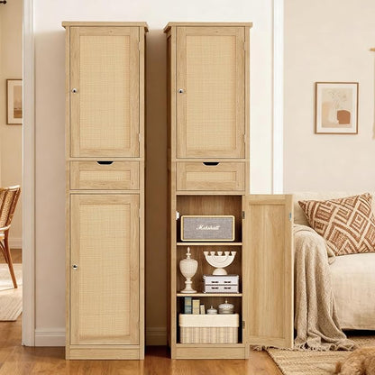 Iwell Tall Narrow Storage Cabinet with Doors, Rattan Cabinet with Adjustable Shelves, Freestanding Linen Storage for Living Room, Entryway, Kitchen, Bathroom, Natural