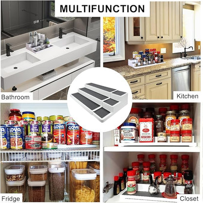 CiWiVOKi 3 Tier Expandable Spice Rack Organizer, Plastic Spice Rack, Adjustable Length 14.6In-25.8In, Non-Skid Tiered Spice Shelf Organizer for Kitchen Cabinet, Cupboard, Pantry, White/Grey
