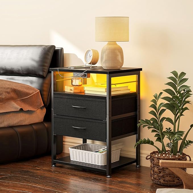 AODK Nightstand with Charging Station & LED Lights, 27.6" Tall Bedside Table with 4-Tier Storage, 2 Fabric Drawers & 2 Open Shelves, Space-Saving End Table for Bedroom & Living Room, Black