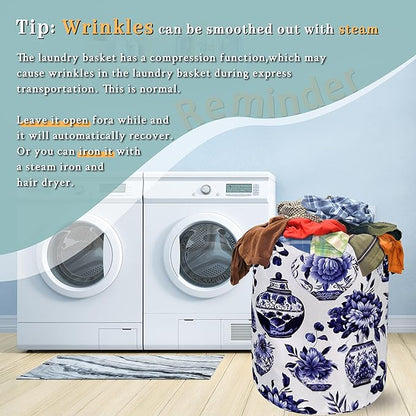 Blue White Floral Laundry Basket Foldable With Handles Vase Flower Tote Bag Oxford Cloth Color Laundry Hamper Clothes Storage Bucket Toy Organizer For Bathroom/Laundry/Bedroom 18.9"x16.5 "