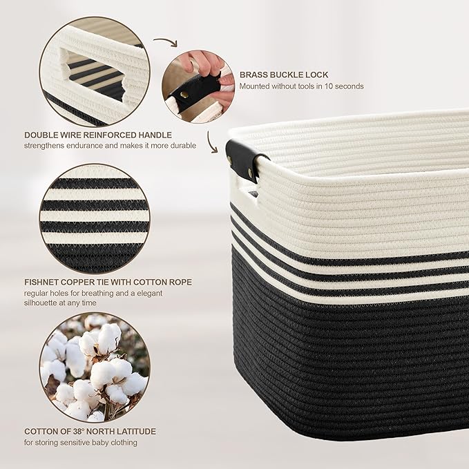 SunNewt 72L Large Laundry Basket with Leather Handles for Living Room Storage, Woven Rope Baskets Bin for Blanket, Kids Toy, Gifts, Wicker Hamper for Bedroom Dirty Clothes, 22"x17"x12" White Black